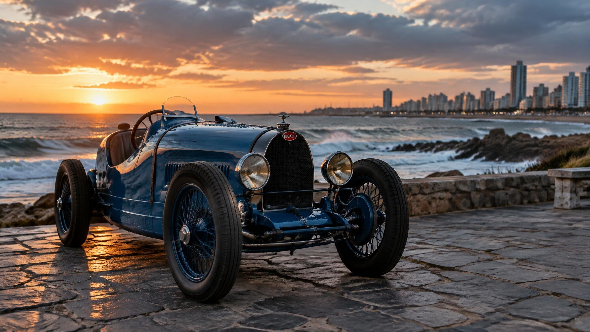 Rare blue vintage Bugatti automobile parked near the coast of Punta del Este