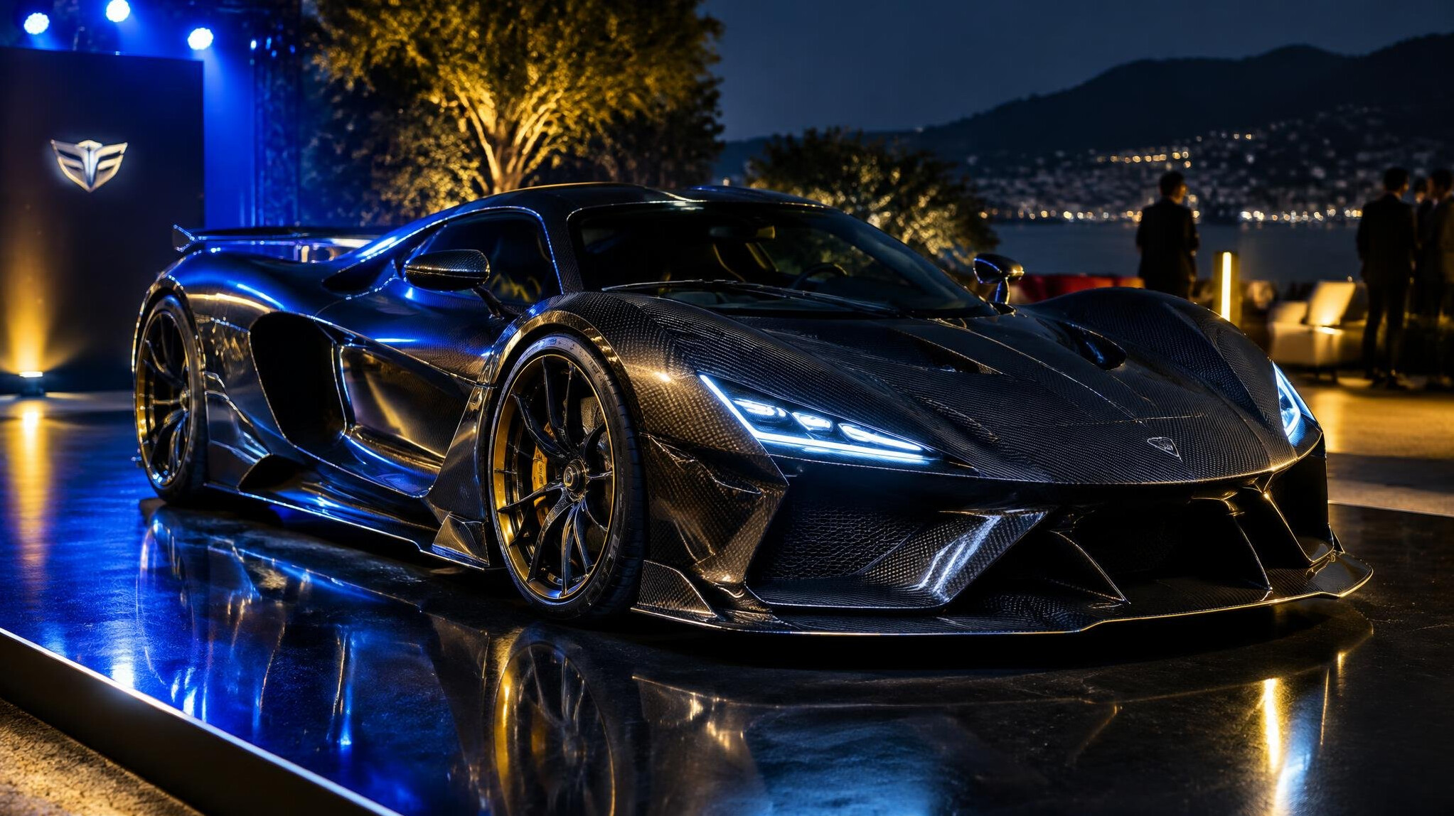 Modern hypercar displayed at a night showcase event with dramatic lighting