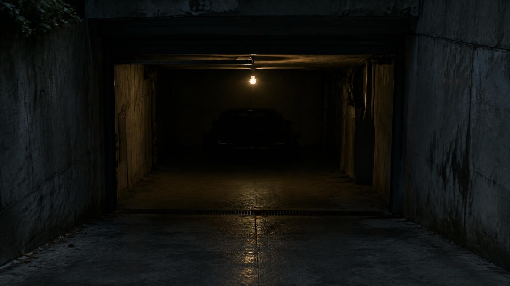 Hidden underground garage entrance with a single automobile silhouette