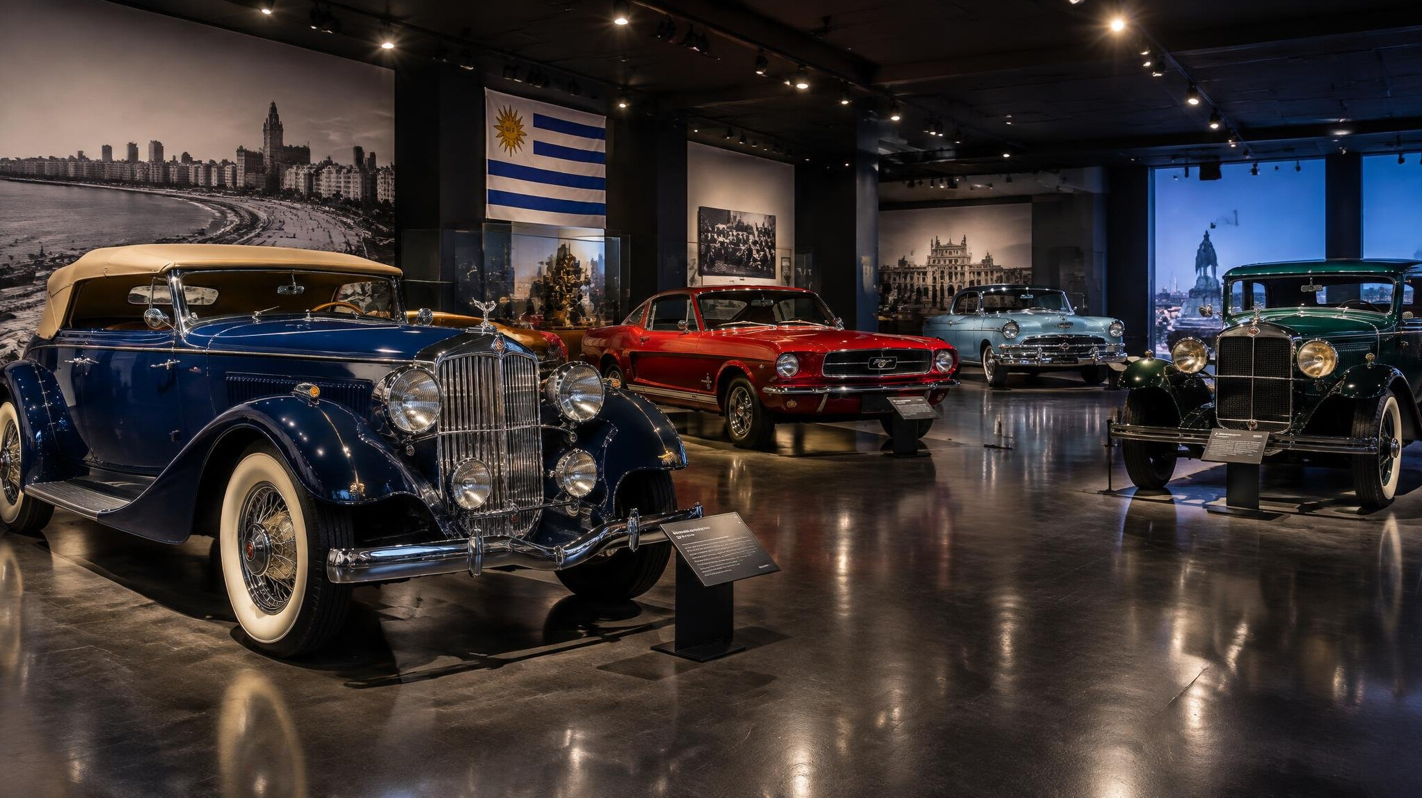 Interior of a classic car museum with vintage automobiles in Montevideo