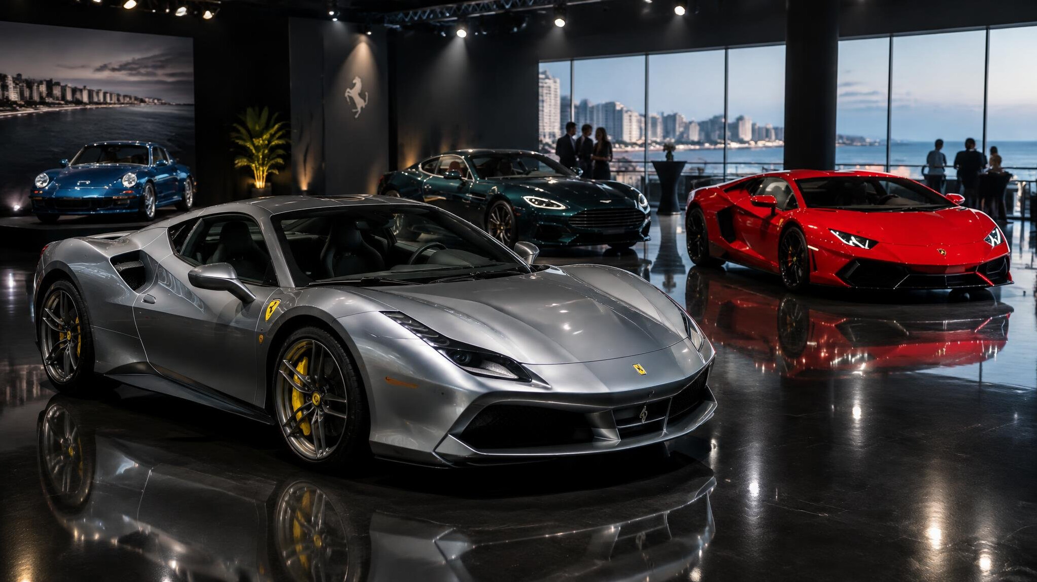 Luxury car exhibition hall in Punta del Este with spotlighted automobiles