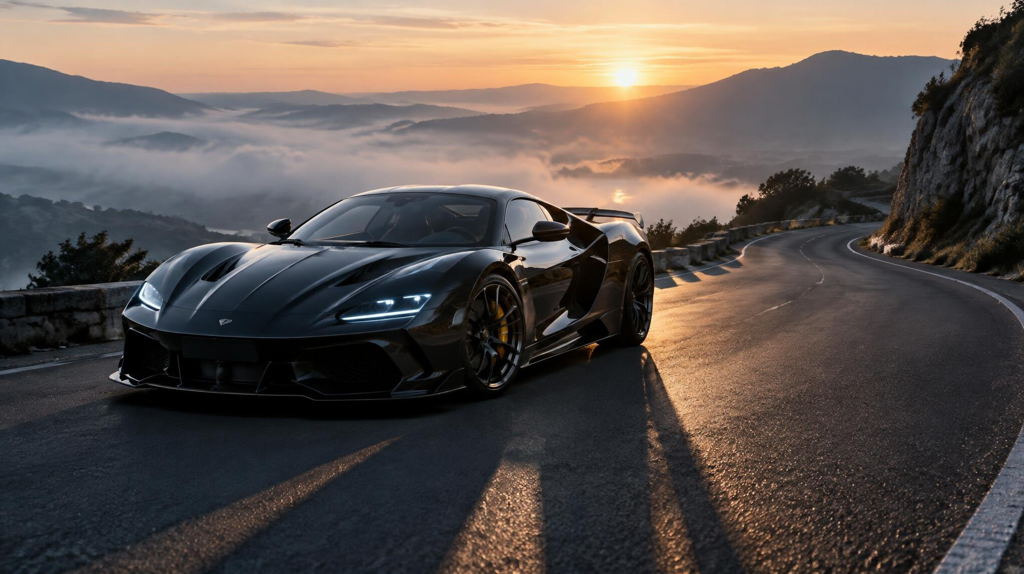 Modern V12 hypercar photographed on an empty mountain road at dawn