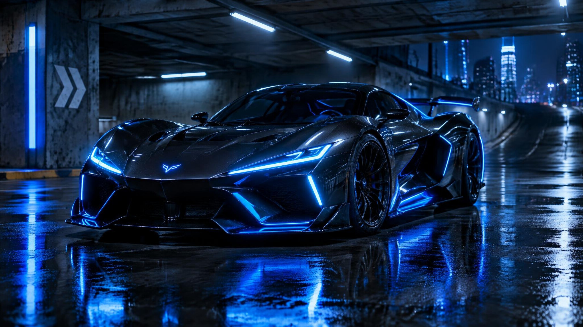 Futuristic electric performance car with glowing light details at night
