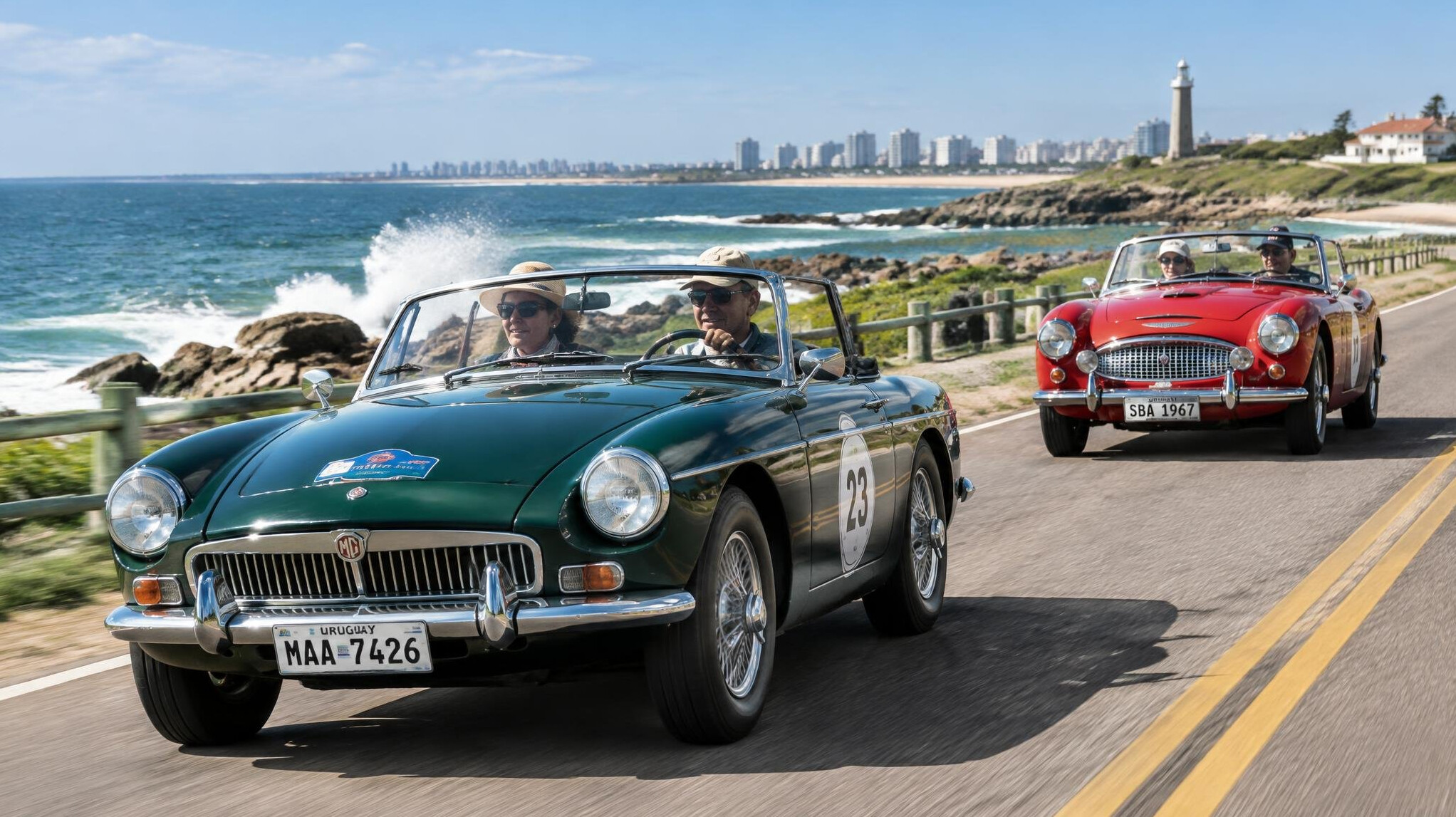 Vintage convertible cars rallying along the Uruguayan coast