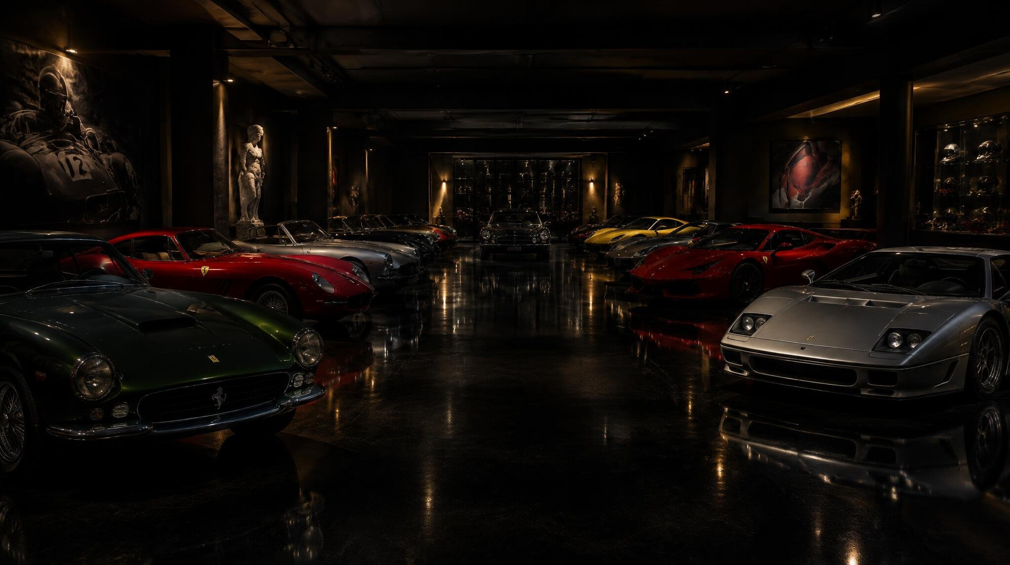 Secret private collection room with dozens of classic automobiles under moody lighting