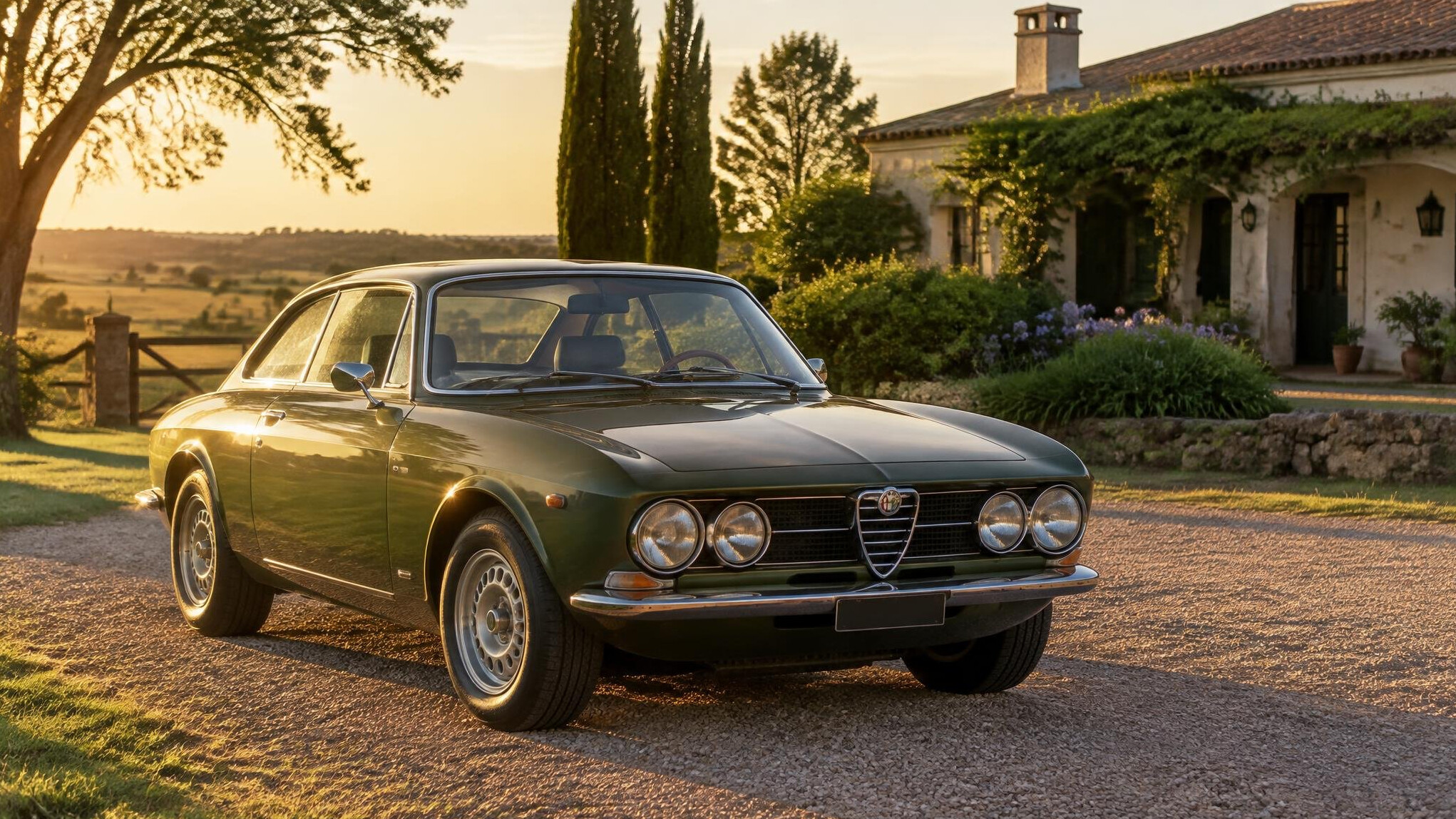 Vintage 1970s Italian coupe automobile parked at a countryside estate