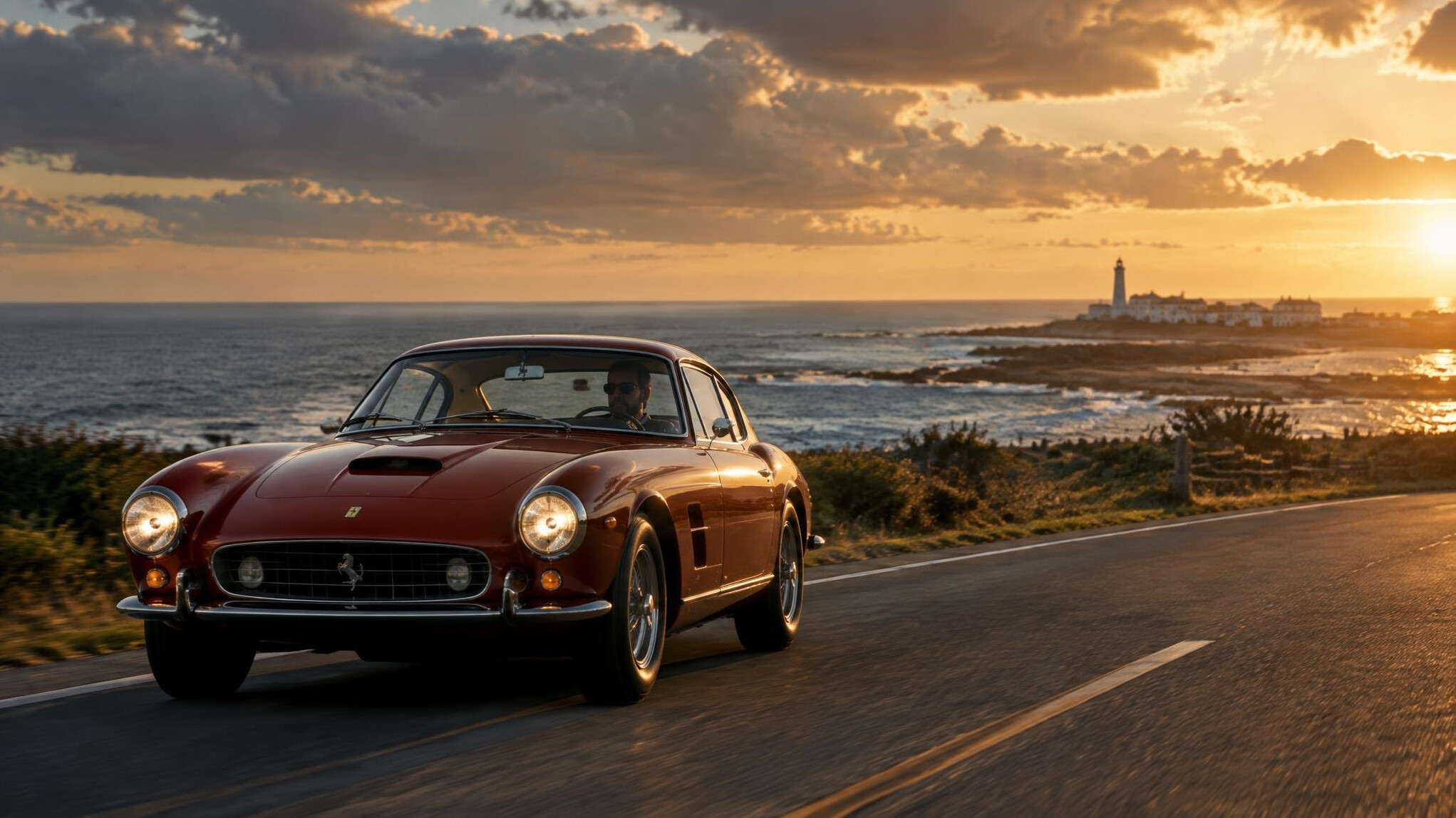 Vintage sports car driving on a coastal road near Jose Ignacio at sunset