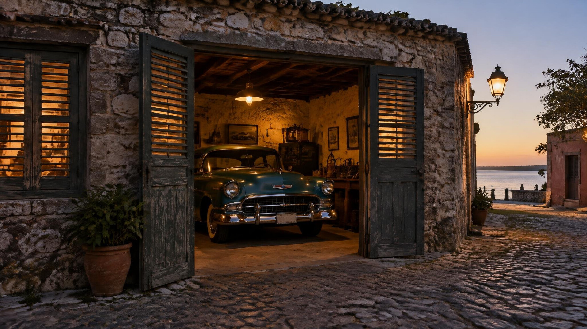 Historic stone garage with a restored vintage car in Colonia del Sacramento