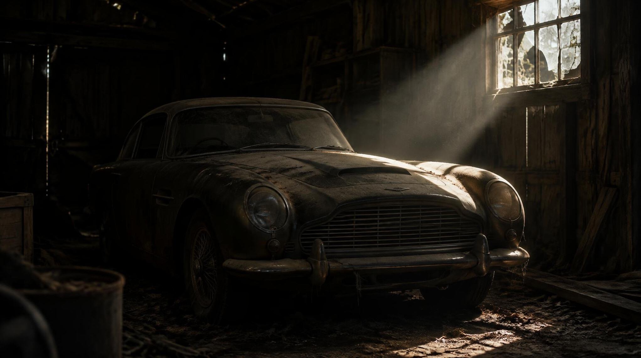Mysterious abandoned vintage automobile covered in dust in an old shed