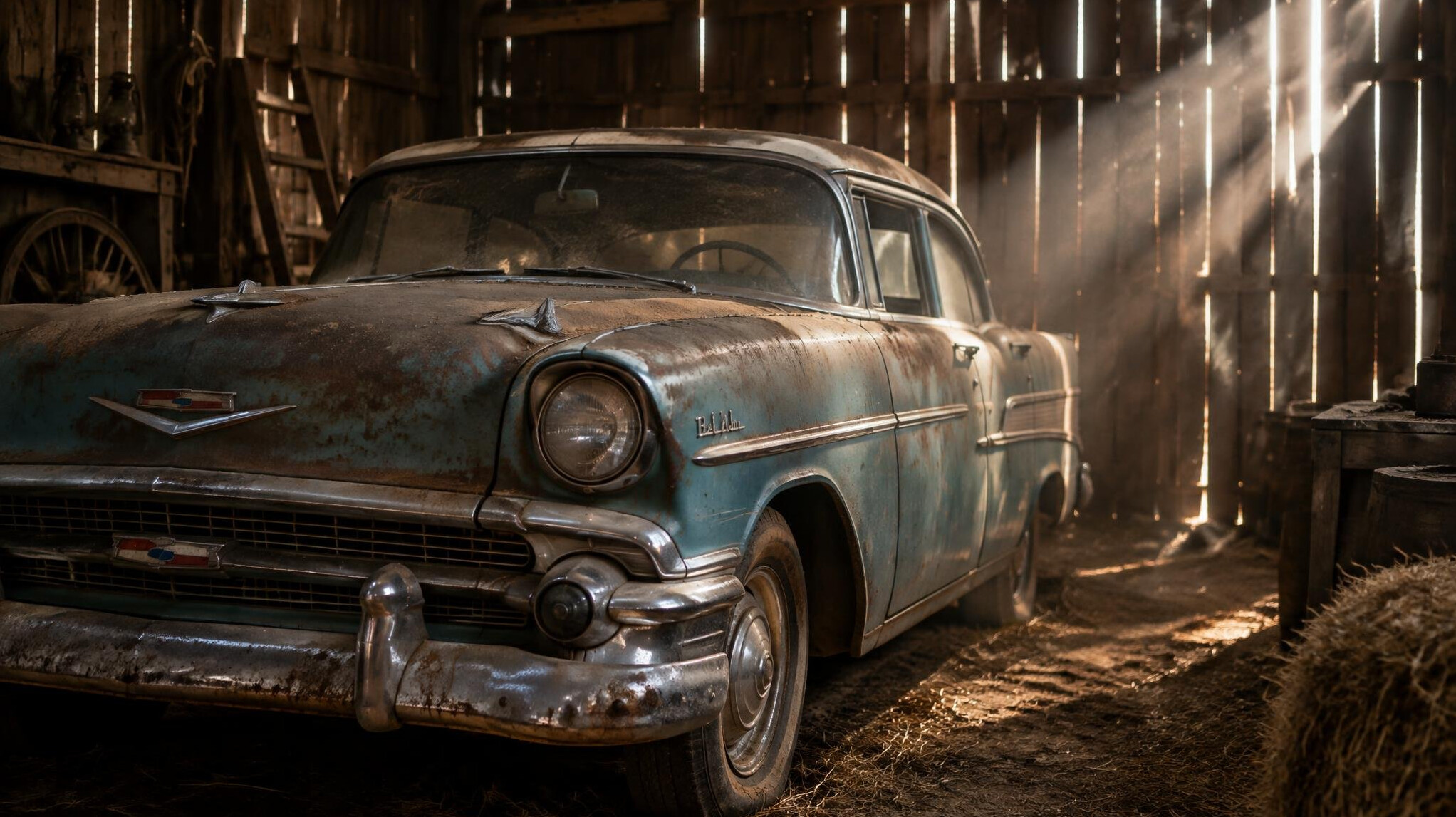 Weathered classic automobile that survived decades stored in a barn