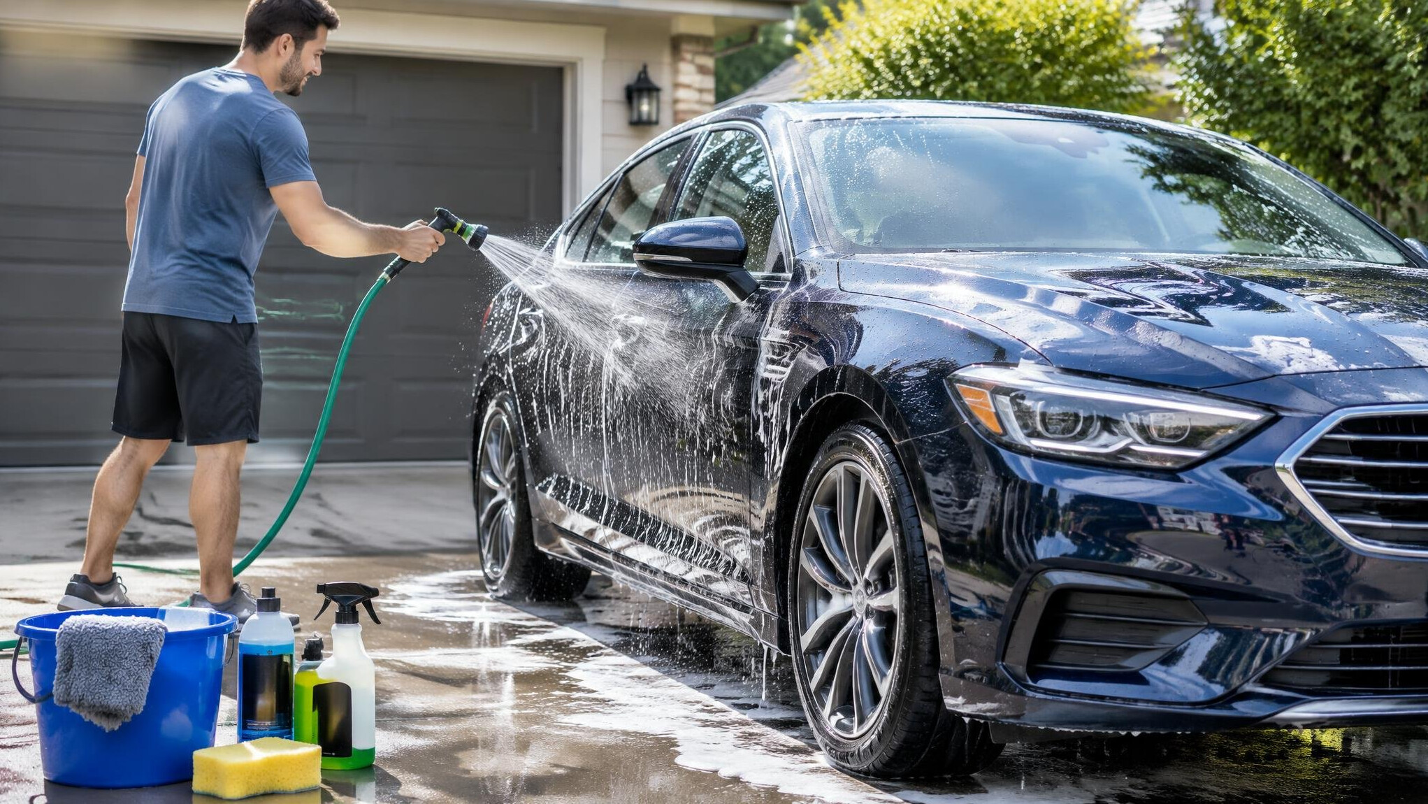 person washing car with hose