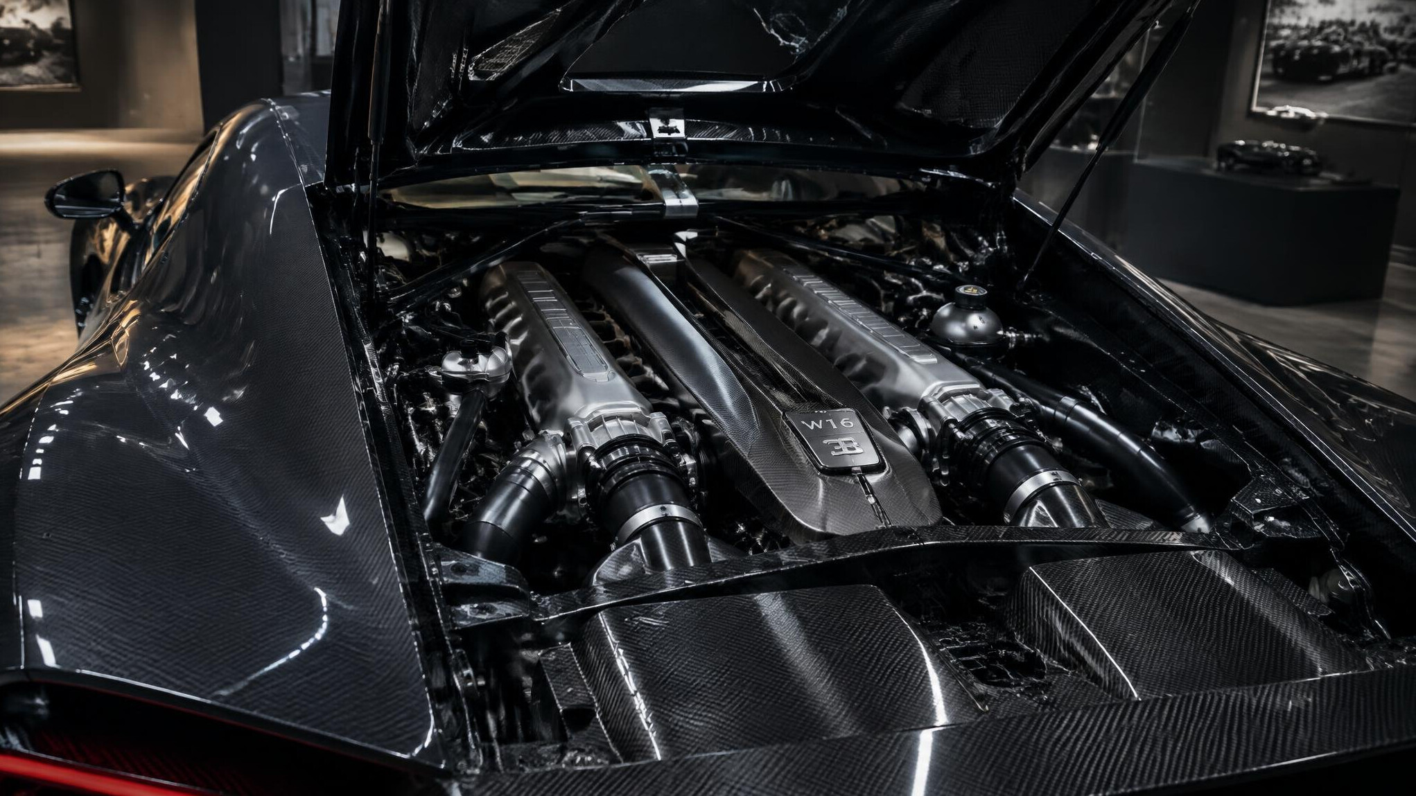 Rare W16 engine hypercar displayed in a private collection room