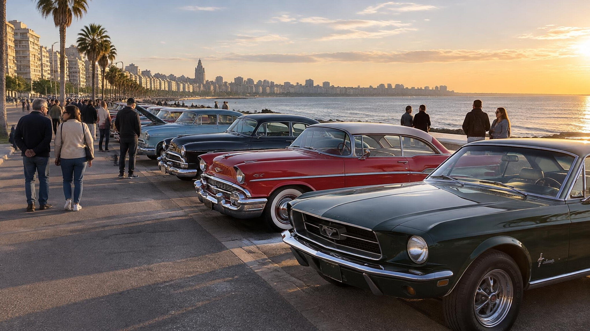 Classic car exhibition event on the Rambla of Montevideo with crowd