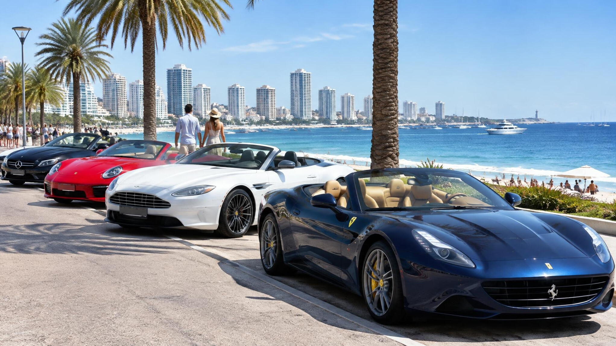 Row of luxury convertible cars parked near the beach in Punta del Este in summer