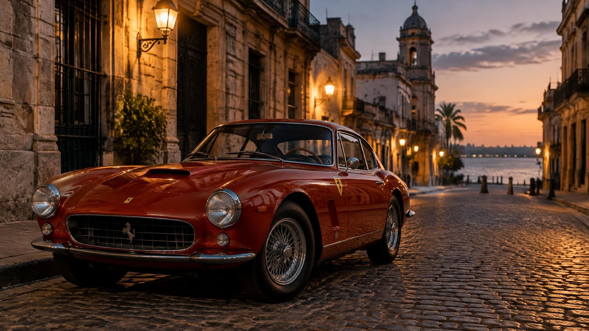 Vintage Ferrari parked on a historic street in Montevideo at dusk