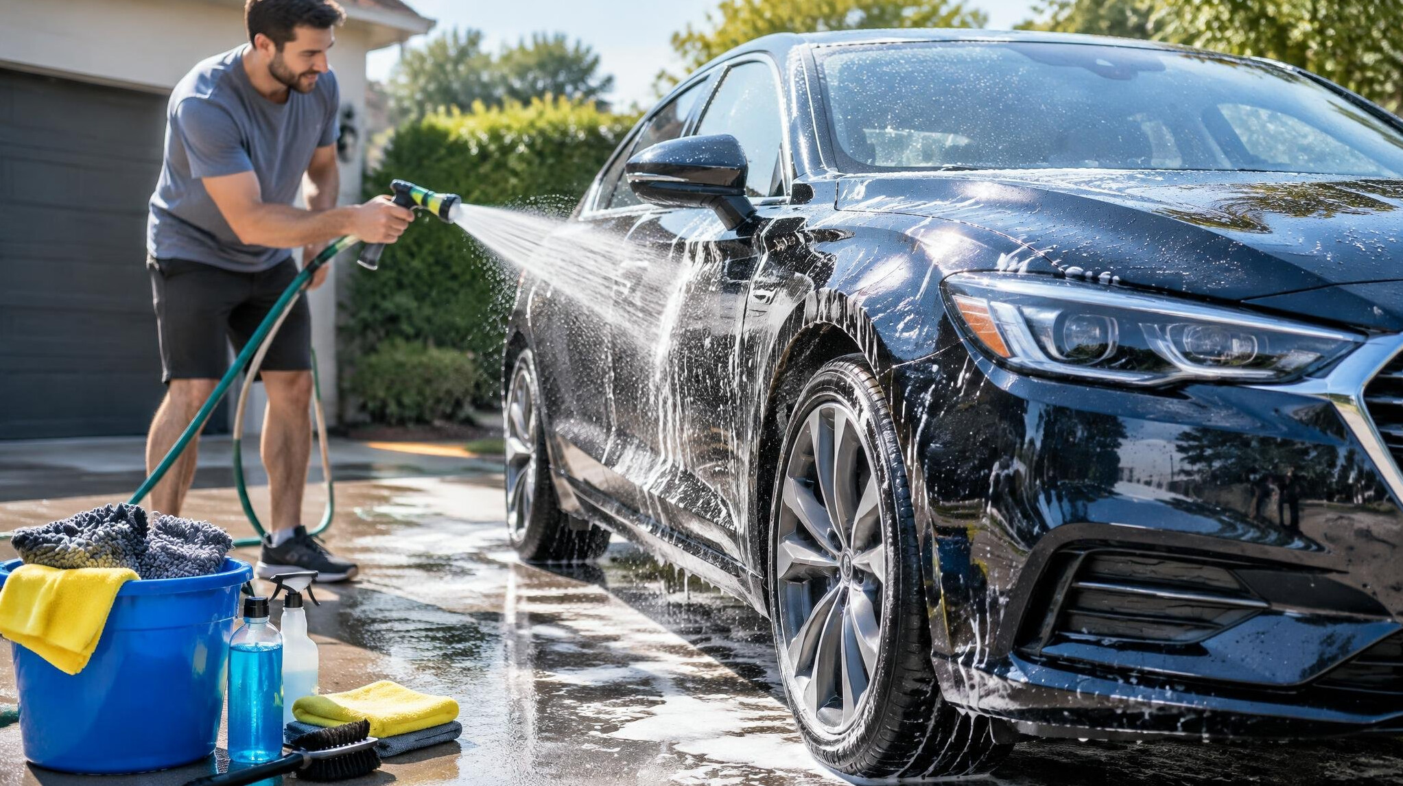 person washing car with hose