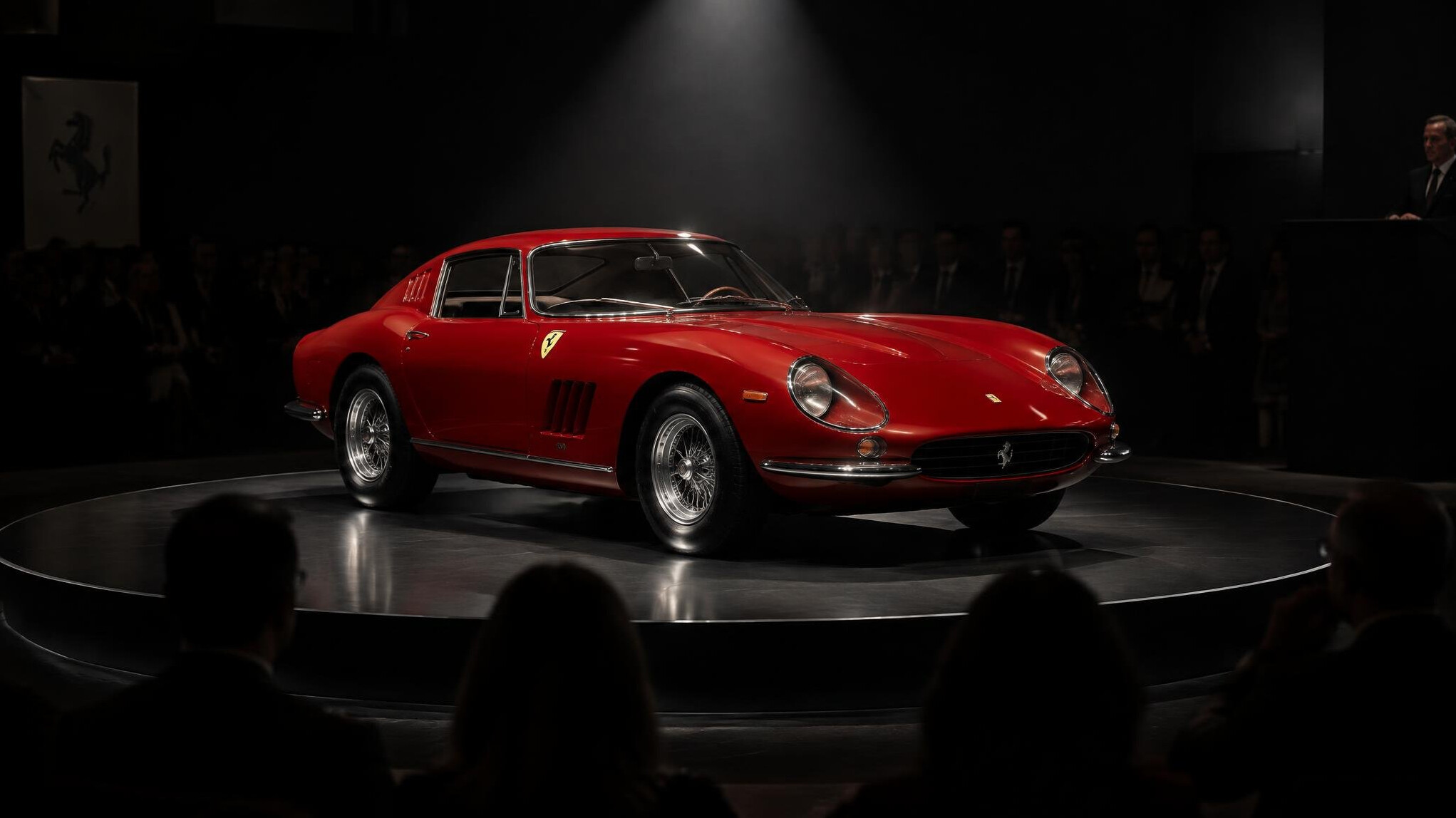 Vintage red Ferrari displayed at an auction house under spotlight