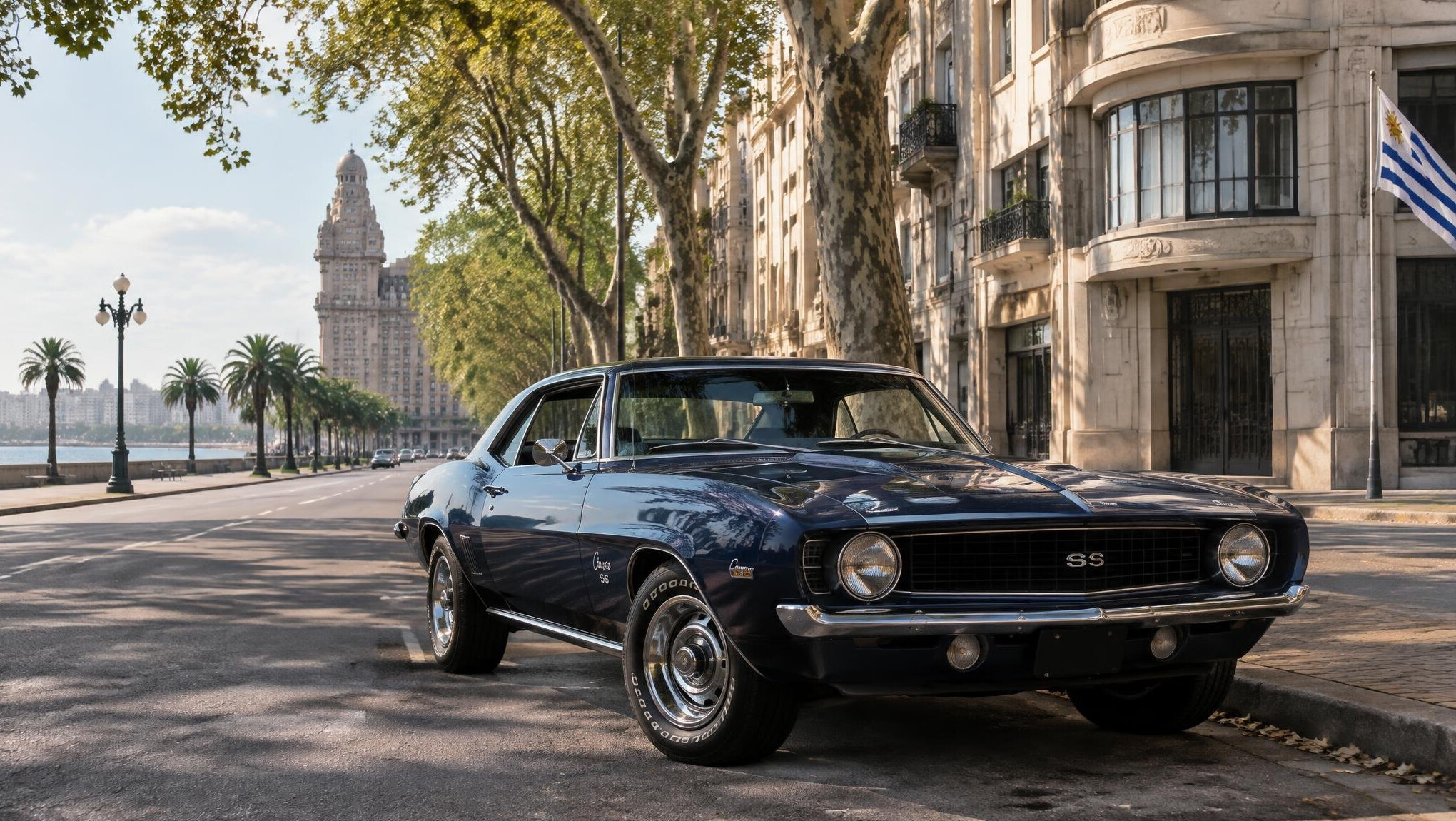 Classic 1960s muscle car parked on an old Montevideo avenue