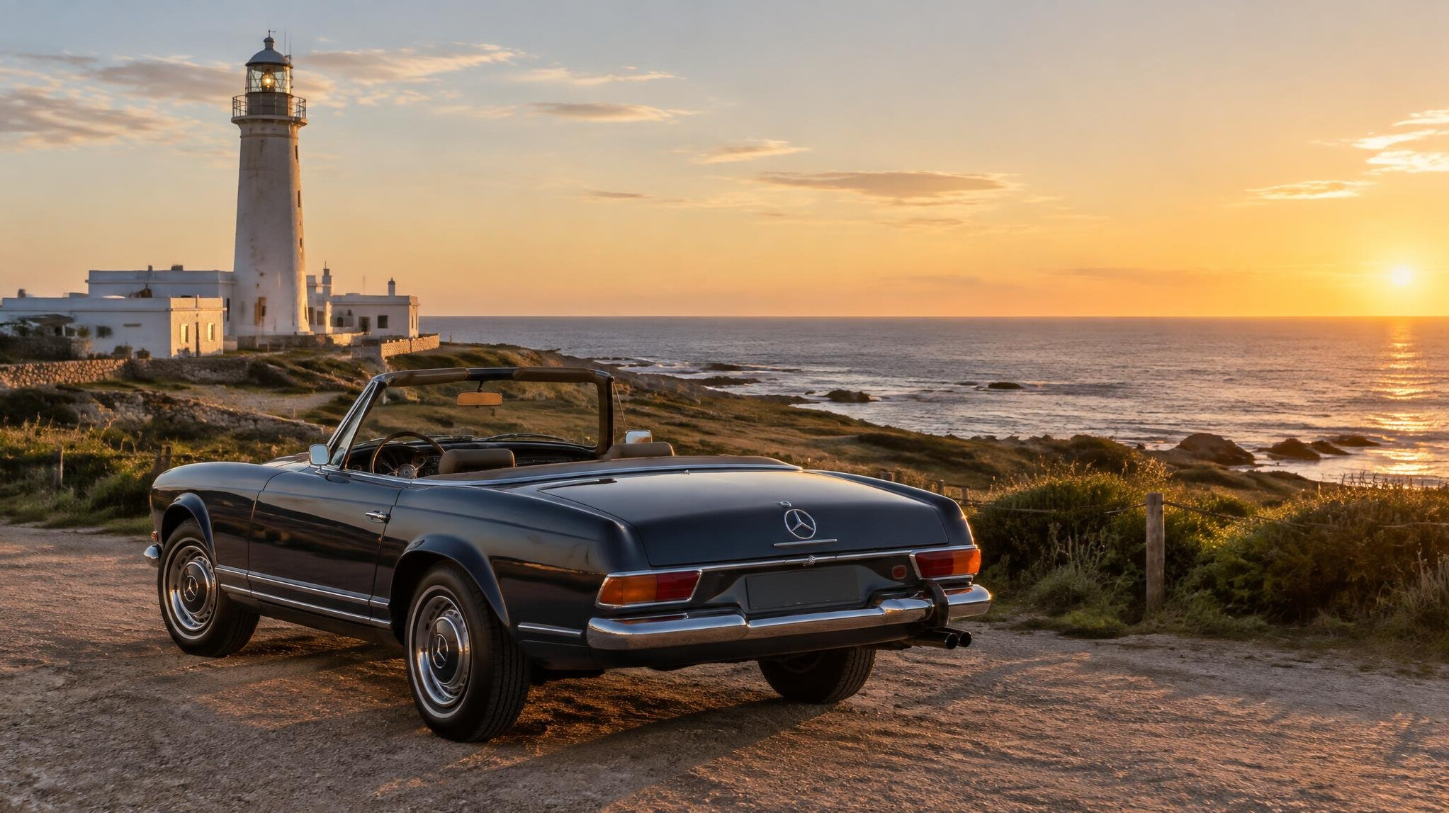 Classic convertible automobile parked near a lighthouse in Jose Ignacio Uruguay